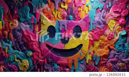 Vibrant Dripping Abstract Emojis Mural With Playful Multicolored Cat Face Art Vibrant Dripping Abstract Emojis Mural With Playful Multicolored Cat Face Art 126892631