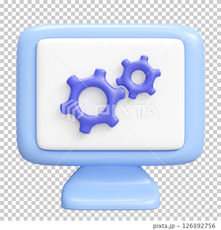 3d Computer monitor cartoon with gear isolated. minimal design, 3d illustration render. 126892756