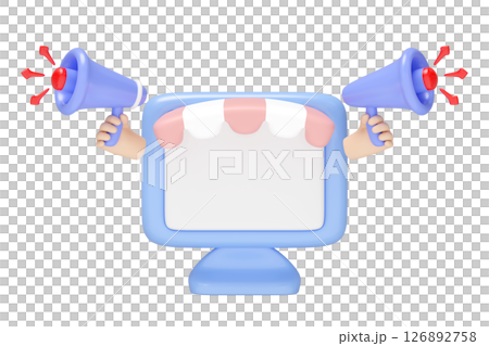 3D Computer monitor store front with hand holding megaphone isolated. announce promotion news for social media networks, online marketing shopping concept, cartoon style.3d render illustration 126892758