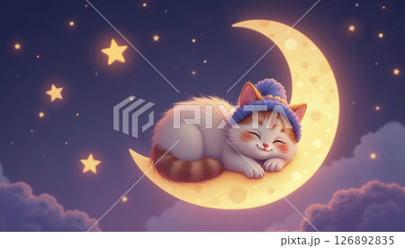 Smiling Kitten Flying with Balons in the Sky 126892835