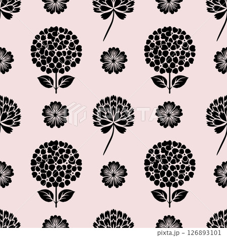 Seamless pattern featuring floral and folk art elements with silhouettes in a nordic style for decoration and illustration 126893101