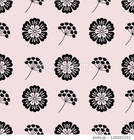 Seamless floral pattern featuring folk art silhouettes with a nordic design in a soft beige background for an ethnic decorative touch 126893102