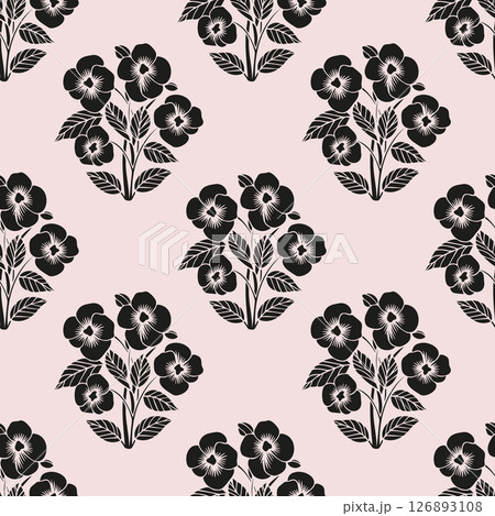 Seamless floral pattern showcasing traditional folk art designs with silhouettes of flowers and leaves on a soft beige background 126893108
