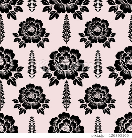 Seamless floral pattern in folk art style featuring traditional black silhouettes of flowers and leaves on a soft beige background 126893109