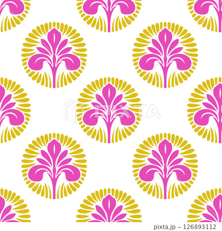 Seamless floral pattern featuring traditional folk art design with vibrant colors inspired by nature and symmetrical reflections 126893112