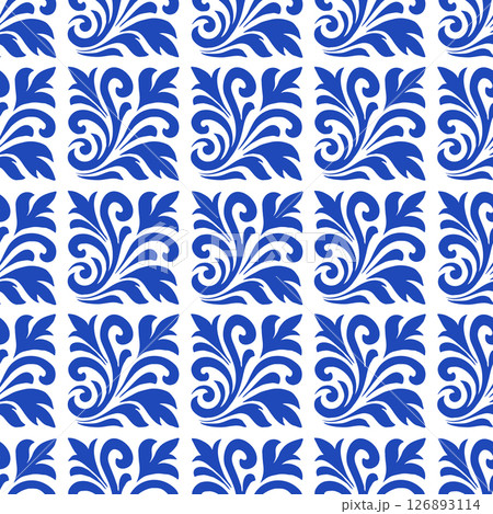 Seamless floral pattern in folk art style featuring traditional blue and white design with leaf motifs and symmetrical reflections 126893114