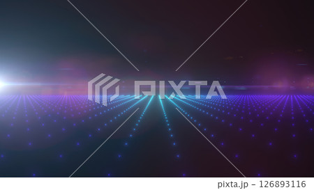 A neon purple and blue glowing digital grid with futuristic elements representing virtual reality and data technology background 126893116