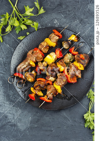 Grilled meat skewers, shish kebab. 126893526