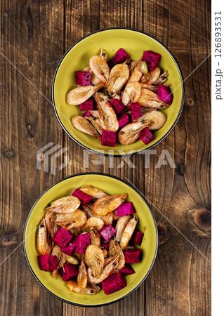 Flavorful shrimp with dragon fruit or pitaya. 126893531