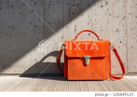 Your It Bag orange suede satchel with silver buckles staged in bright sunlight against concrete Your It Bag orange suede satchel with silver buckles staged in bright sunlight against concrete 126894125