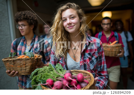 Group of young students carrying baskets full of fresh vegetables at school event 126894209