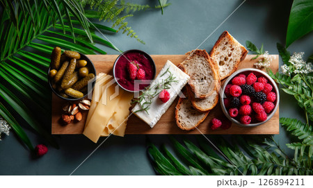 Charcuterie board with bread, cheese, berries and pickles arranged with tropical leaves 126894211