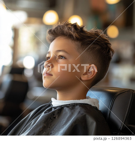 In a barber shop filled with light, a young Hispanic boy sits in profile, focused as his haircut highlights his stylish look 126894363