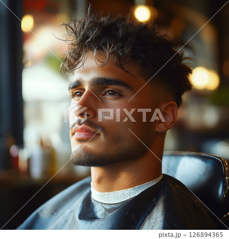 A Hispanic man sits in a barber shop, focused on the haircut process. Sunlight streams in, highlighting his profile as he prepares for a stylish transformation 126894365