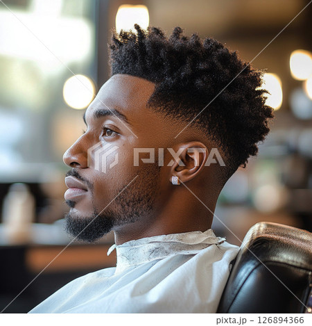 A 30 year old African American man sits in profile at a barber shop, focusing on his stylish haircut while hair clippings are carefully groomed away, highlighting the artistry of barbers 126894366