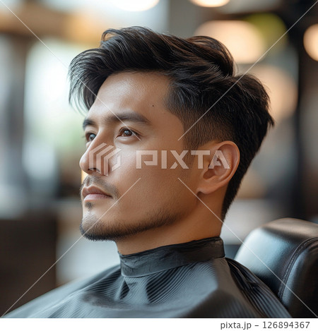 In a modern barber shop, an Asian man sits in profile, relaxed, as a barber styles his hair. Warm natural light highlights the scene, creating a serene atmosphere during the daytime 126894367