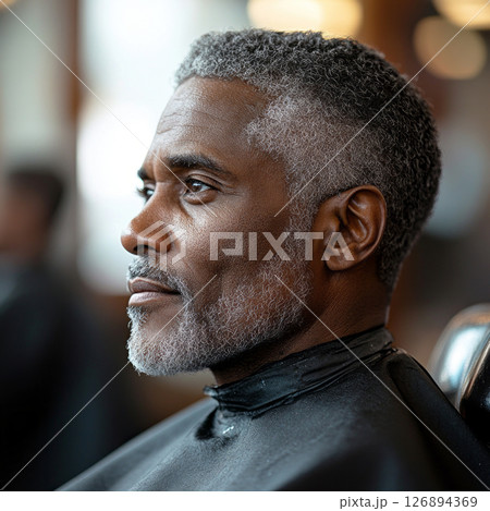 An elderly African American man relaxes in a barber chair while receiving a haircut at a local barber shop. The atmosphere is inviting and lively, showcasing community engagement 126894369