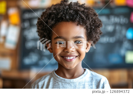 A cheerful Afroamerican young boy is smiling warmly in a classroom setting. Behind him, a vibrant chalkboard is filled with colorful artwork and notes, showcasing a lively learning environment 126894372