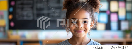 A smiling Afroamerican school girl looks into the lens mid-turn, lit by soft sun in a warm class with blur and charm, ideal for ads on youth, school life, and joy, banner 126894374