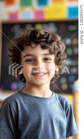 A smiling 10-year-old Arabian boy stands in a lively classroom filled with colorful educational materials, clearly enjoying his time in an engaging learning environment 126894375
