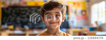 A cheerful Arabian boy around 10 years old stands in a vibrant classroom, smiling widely. His hair is dark and curly, reflecting the joyful atmosphere around him, banner 126894376