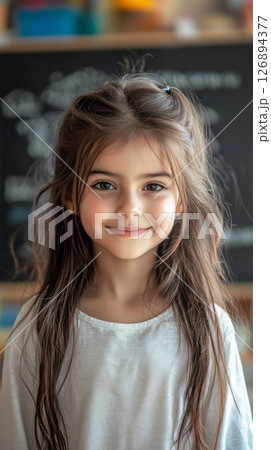Smiling Arabian girl in a vibrant classroom engaging with learning activities during daytime in a colorful setting 126894377