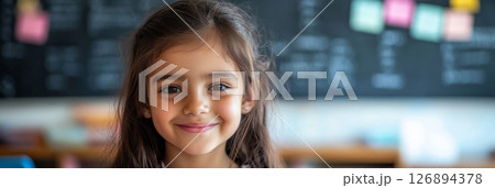 Smiling Arabian girl with dark hair turned halfway, gazing into the lens in a sunlit classroom with a chalkboard in the background, banner 126894378