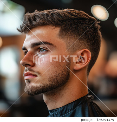 A young European man in profile sits in a barber shop chair as he receives a stylish haircut 126894379