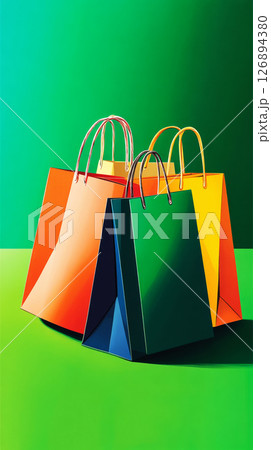 A vibrant and trendy display of colorful shopping bags stacked against a green backdrop, with bold, dynamic illustration style, ideal for retail and fashion-themed promotions 126894380