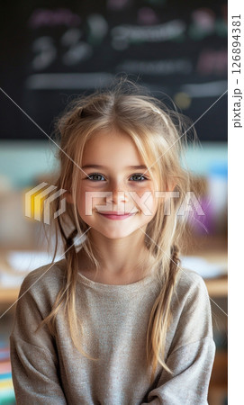 A cheerful girl, around 10 years old, stands in a classroom with long, wavy hair and a floral shirt. She smiles warmly with a blackboard filled with colorful drawings behind her 126894381