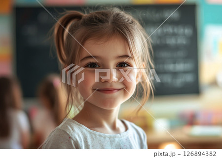 A cheerful 10-year-old girl stands in a vibrant classroom, her long hair framing her face as she smiles warmly amidst educational materials and notes on a chalkboard 126894382