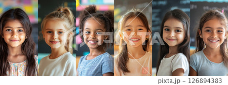 A joyful group of 10-year-old girls from different cultures stands in a classroom collage, vibrant faces glowing with pride, a soft-focus blackboard creating a calm academic backdrop 126894383