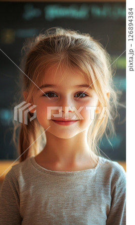 Girl with long, wavy hair in a casual white shirt smiles happily. The vibrant classroom background features colorful drawings and educational elements 126894384