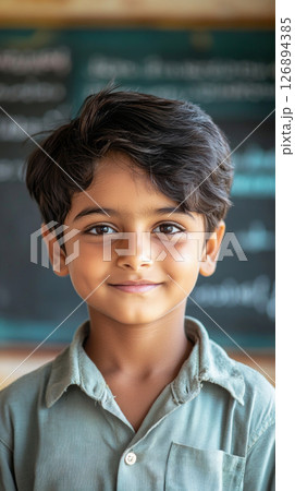 A cheerful Hindu boy, about 10 years old, showcases his bright smile in a lively classroom filled with colorful art and learning materials around him 126894385