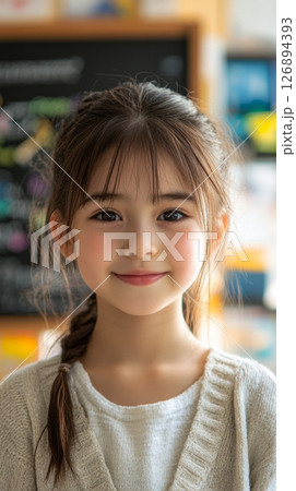 Bright and cheerful Asian girl, around ten years old, stands in a classroom, smiling joyfully as she engages with classmates, surrounded by educational materials and a chalkboard 126894393