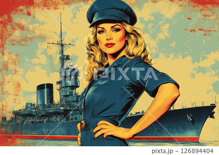 Vintage 1950s style advertising poster featuring a confident woman in a naval uniform, with a battleship in the background, embodying strength and patriotism in a bold color palette 126894404