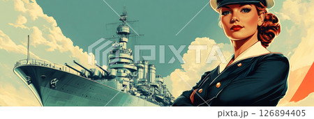 Confident woman in crisp navy suit stands before a grand ship, evoking 1950s charm with bold stance and vintage pride in a classic pin-up style ad, banner 126894405