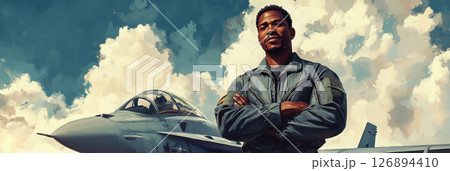 A charismatic pilot in flight gear stands proudly near a vintage aircraft, embodying the glamour and spirit of the 1950s aviation culture and advertising style 126894410