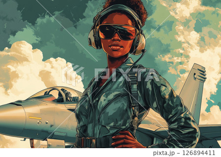 This retro pin-up style artwork showcases a strong female aviator in sunglasses standing proudly beside a fighter jet, embodying the adventurous spirit of the 1950s era 126894411