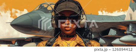 A stylish pilot dons oversized sunglasses and headphones, exuding confidence in front of a vintage fighter jet. The artwork captures the essence of 1950s glam and aviation, banner 126894412