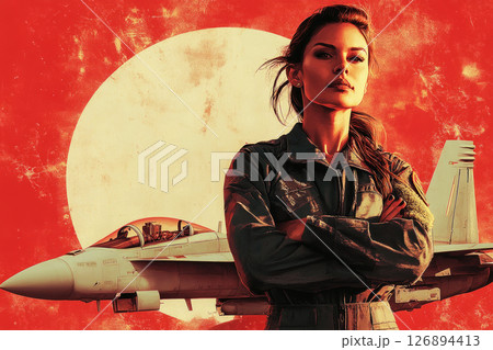 This striking poster showcases a strong woman in a flight suit, embodying confidence and empowerment against a bold red background with a military jet 126894413