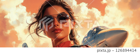 A stylish woman sporting sunglasses stands proudly next to a retro aircraft, capturing the essence of 1950s pin-up culture in a bold red setting, banner 126894414