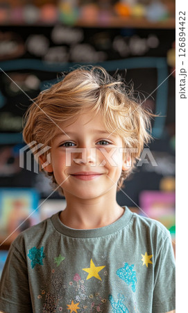 A cheerful 10-year-old boy with blonde hair smiles warmly while participating in a classroom setting, surrounded by classmates engaged in their activities 126894422