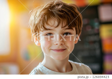 A boy with light brown hair and freckles smiles cheerfully, surrounded by colorful decorations and a lively classroom setting filled with learning materials 126894423