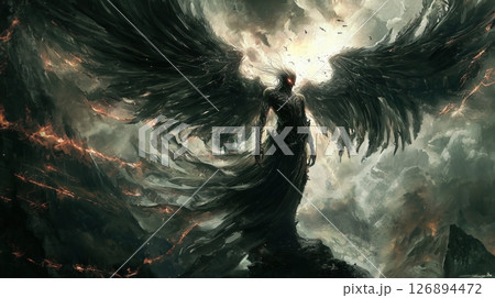 闇の中に立つ堕天使の威圧的な姿 126894472