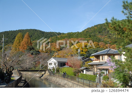 秋の里山と川沿いの日本の住宅街風景 秋の里山と川沿いの日本の住宅街風景 126894474