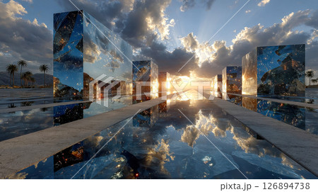 Surreal landscape of mirrored monoliths reflecting a dramatic sunset sky, creating an ethereal, futuristic scene 126894738