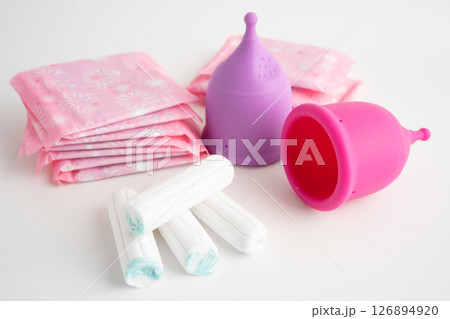 Menstruation cycle with sanitary pad and cotton tampon for woman hygiene and protection. 126894920