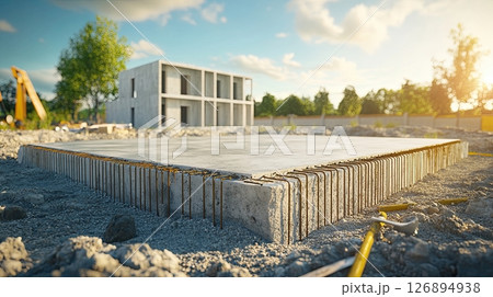 Building Site with Finished Concrete and Exposed Steel Reinforcement, Early Construction Stage 126894938