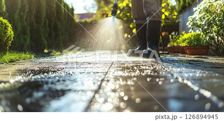 Professional patio washing with pressurized water, worker in uniform and waterproof shoes 126894945